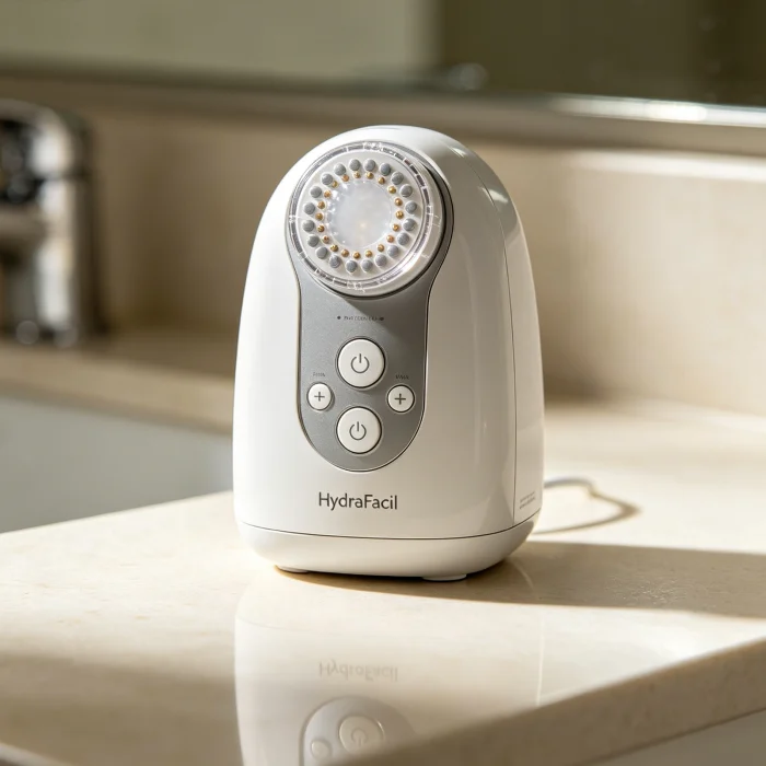 a compact at-home HydraFacial machine on a bathroom counter
