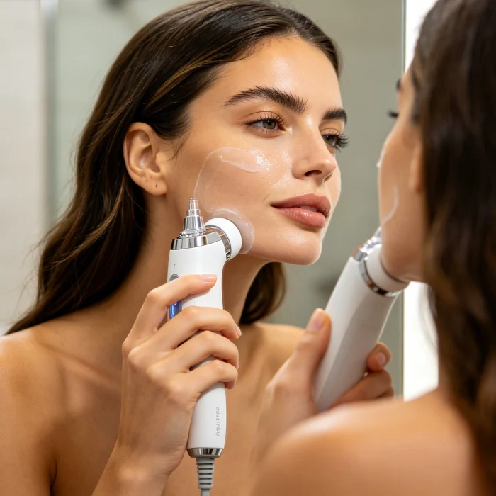 a woman using a HydraFacial machine on her face in front of a mirror
