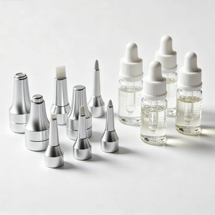 a collection of replaceable tips and serums for a HydraFacial device