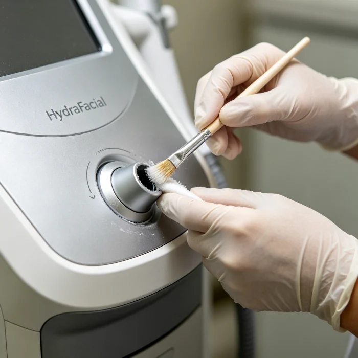 a person cleaning a HydraFacial machine with a small brush