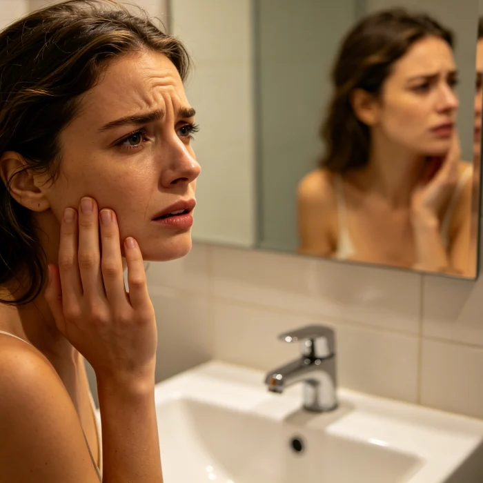 a woman touching her cheek with a worried expression in front of a mirror