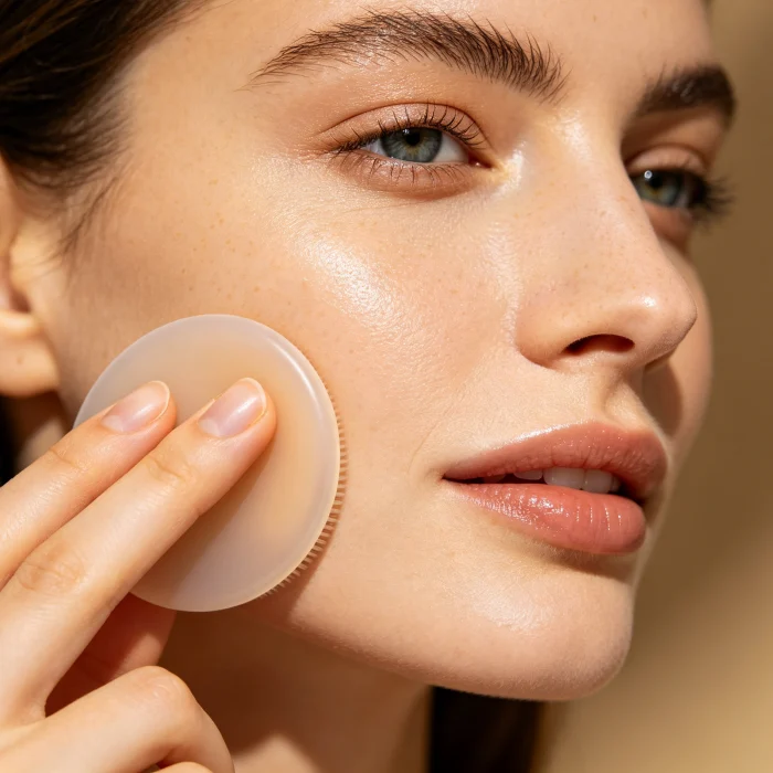 a person gently moving a silicone face brush in circles on their cheek