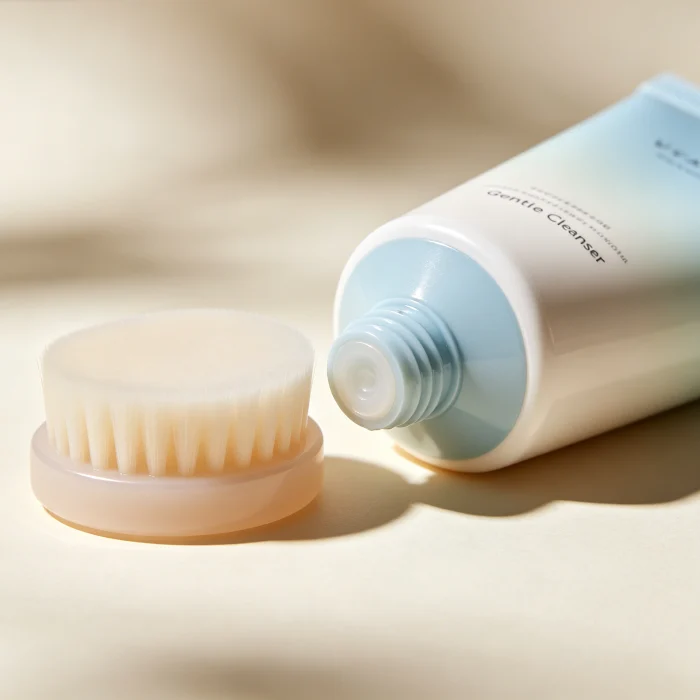 a skincare routine lineup with a silicone brush next to a tube of gentle cleanser