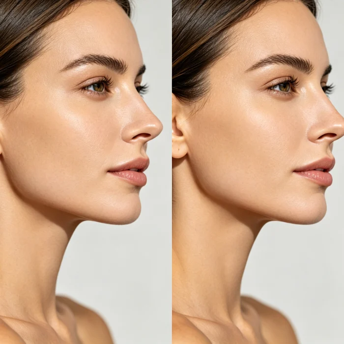 before and after photos of HIFU treatment on a woman's jawline
