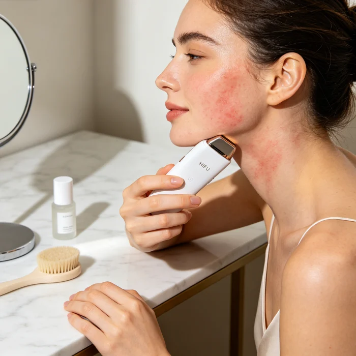 person using an at-home HIFU device on their cheek at a vanity table
