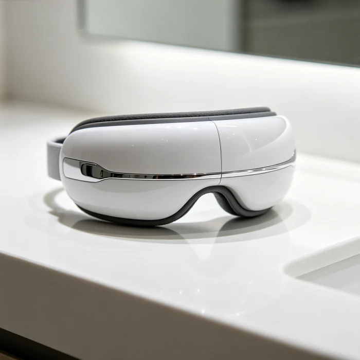 a sleek eye massager device on a white countertop