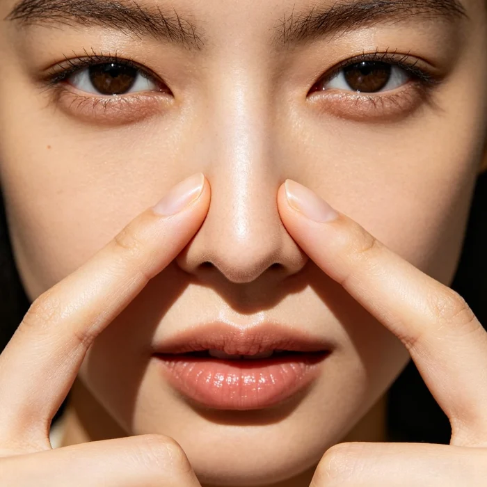 a person gently pressing on their cheekbones near the nose