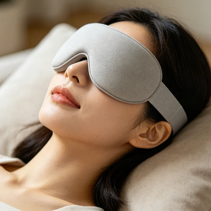 a person wearing an eye massager mask lying down