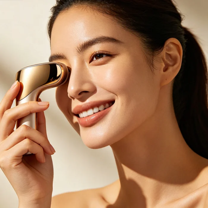 a person smiling while holding a small eye massager