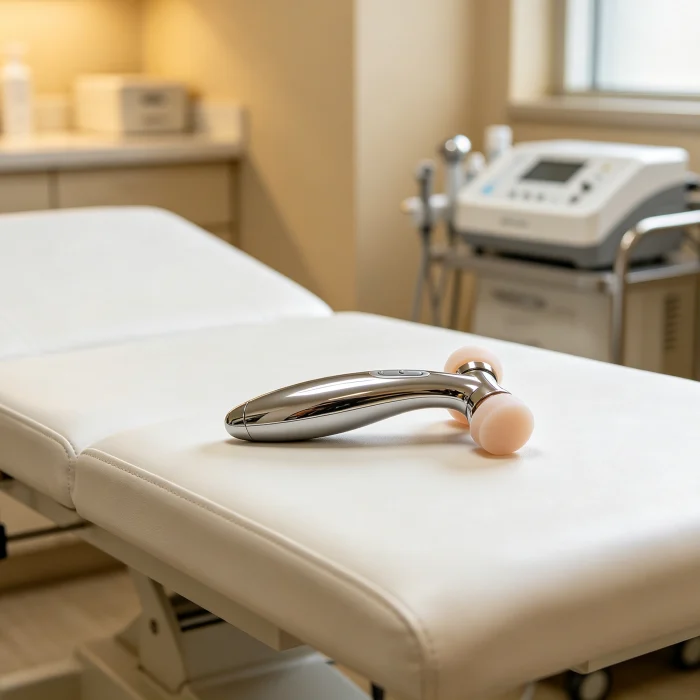 a dermatologist's office with a facial massage device on the exam table