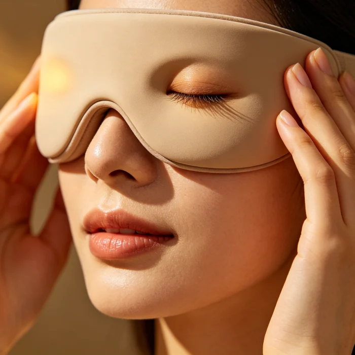 a close-up of a person using a warm eye massager over closed eyes