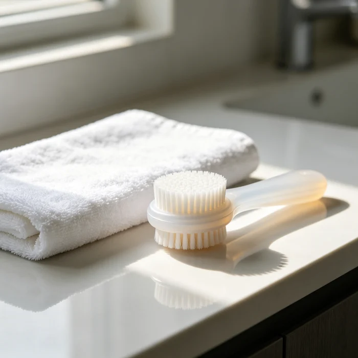 a silicone facial cleansing brush on a bathroom counter next to a fresh towel