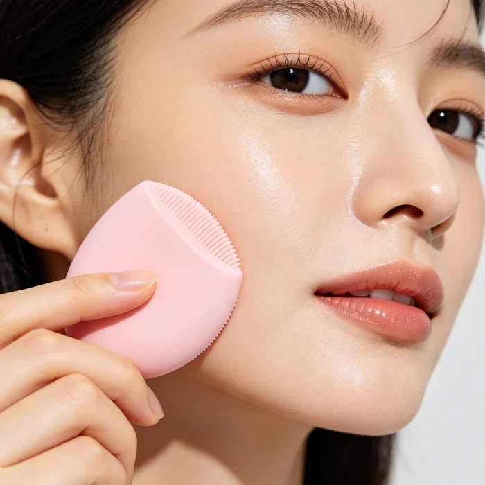 a person holding a pink silicone face brush near their cheek