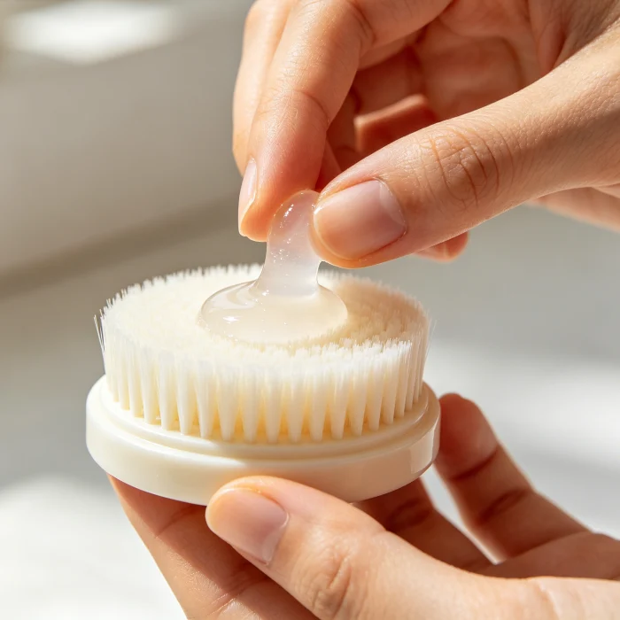 a close-up of a person's hand applying a small amount of cleanser onto a silicone brush