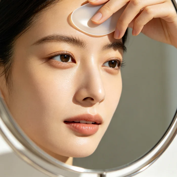 a person gently pressing a silicone brush against their forehead in front of a mirror