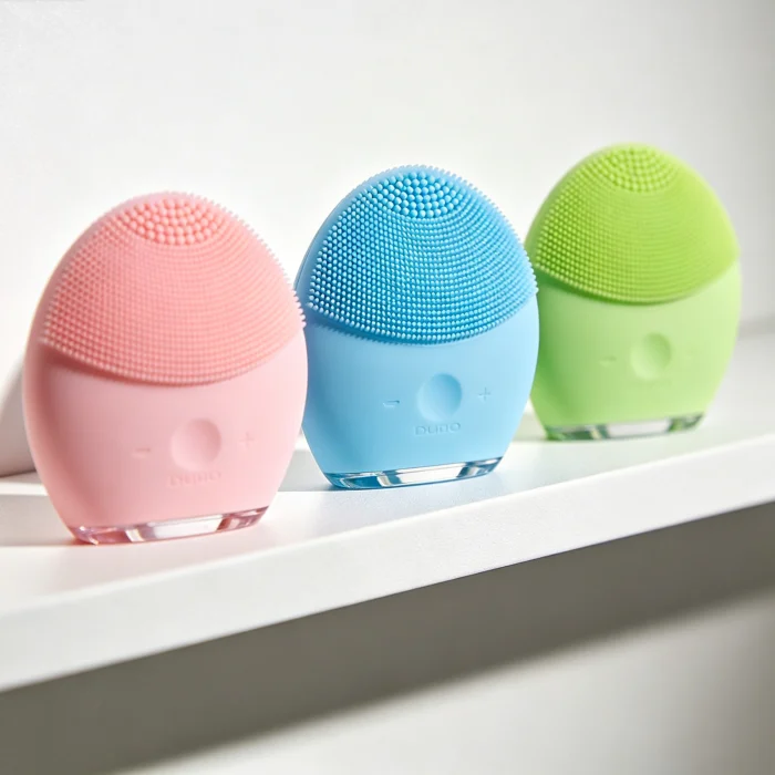 a row of three different colored silicone face brushes on a white shelf