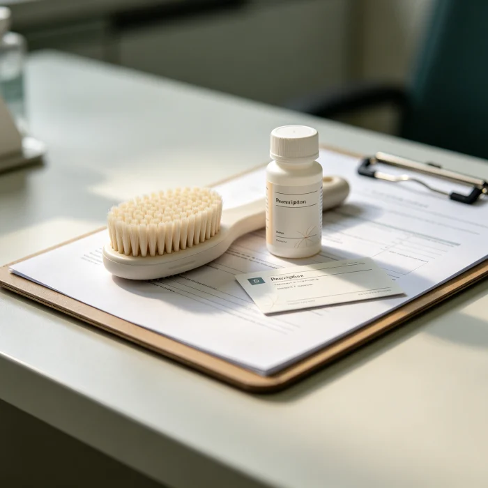 a dermatologist's clinic desk with a face brush and a prescription medicine on a clipboard