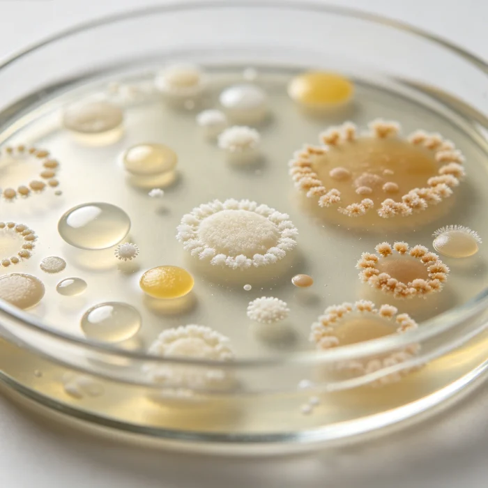a petri dish showing bacterial colonies from a used face brush swab