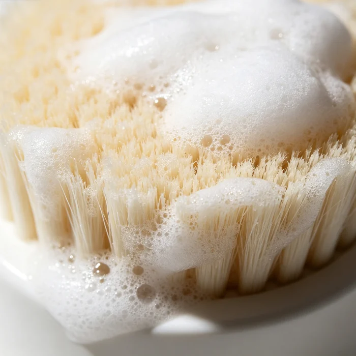 a close-up of a facial brush bristles with foam