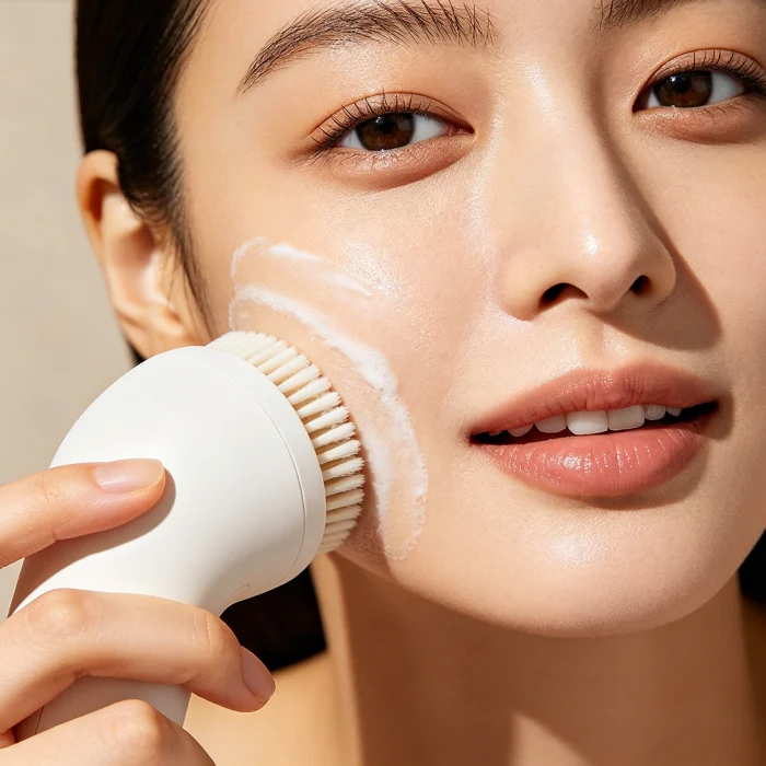 a person holding a sonic facial cleansing brush near their cheek