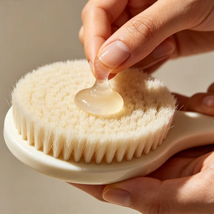 a person applying salicylic acid cleanser to a facial brush