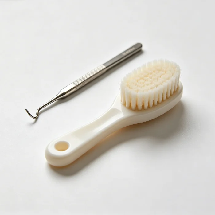 a blackhead extractor tool next to a facial brush on a white surface