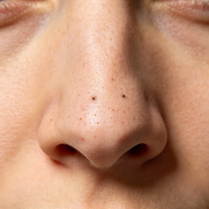 a close-up of a person‘s nose with visible blackheads before treatment