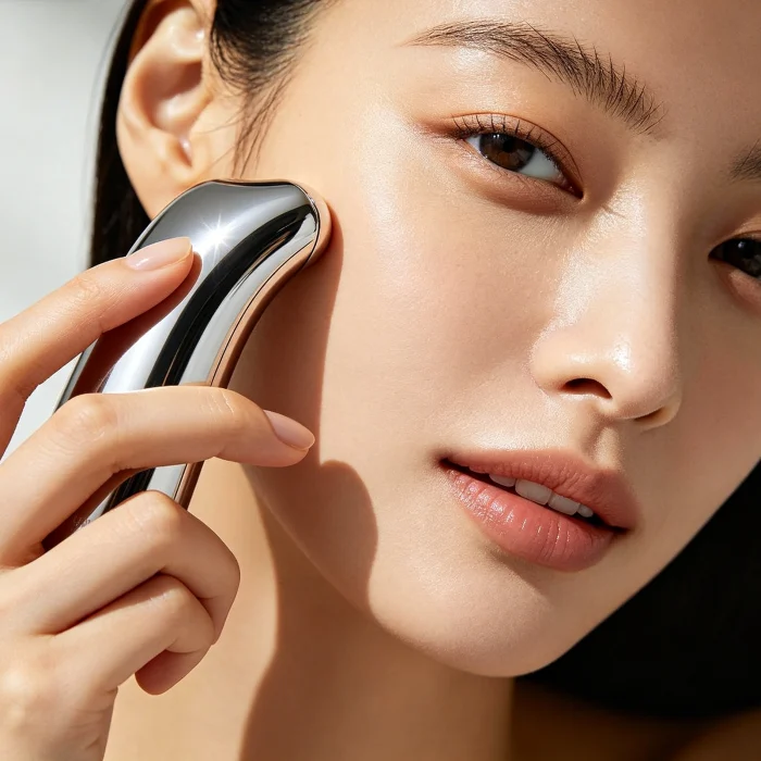 A person holding a microcurrent device near their cheek