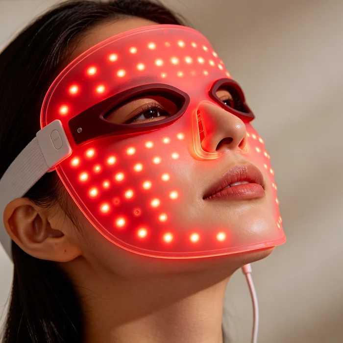 A person wearing a red LED light therapy mask with glowing lights