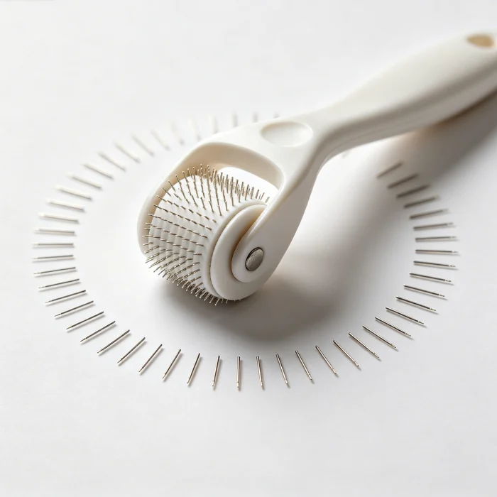 A derma roller with tiny needles on a sterile surface