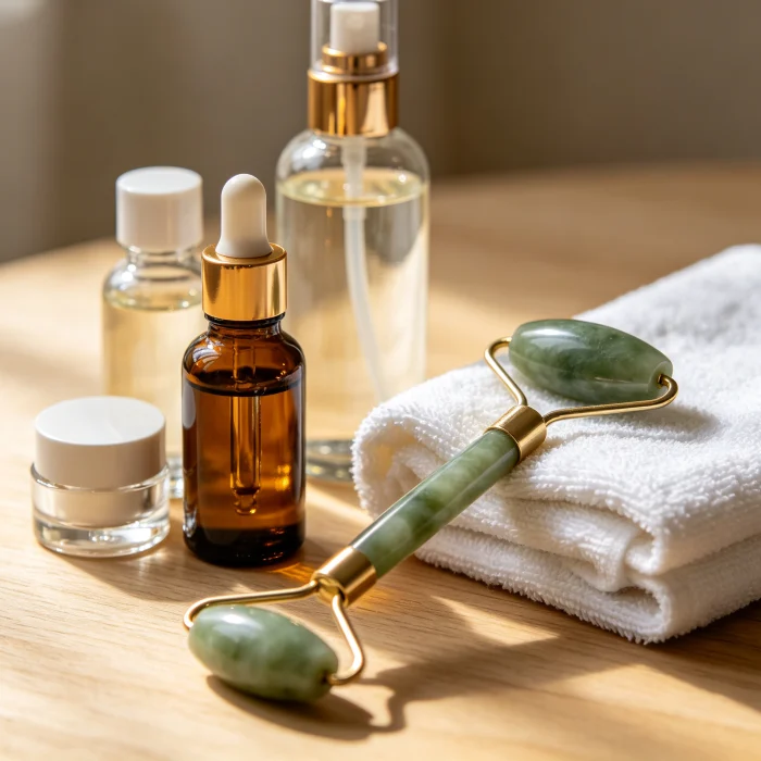 A skincare routine setup with bottles, a facial roller, and a towel