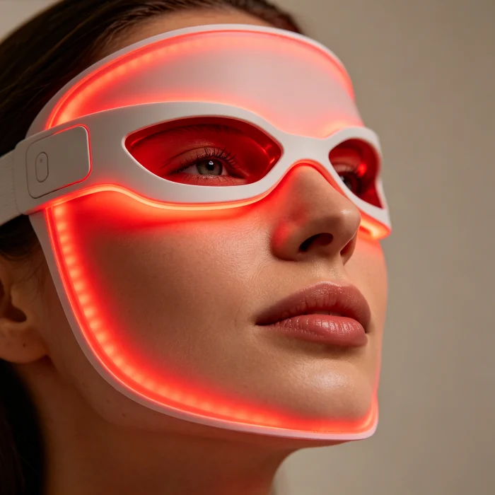 Close-up of a person wearing an LED light therapy mask glowing red