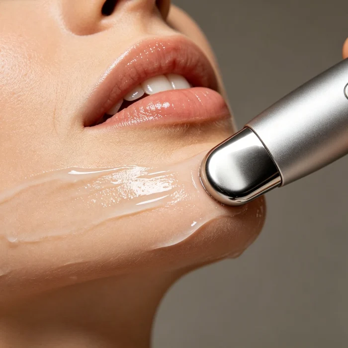 A microcurrent device being glided along a jawline with gel