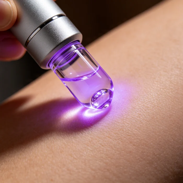 A high-frequency wand with a glass electrode glowing purple against skin