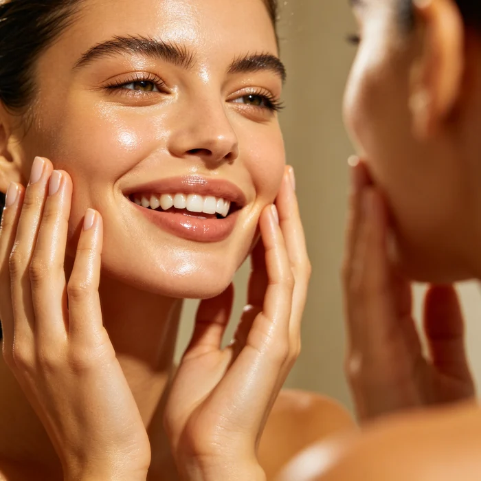 A happy person touching their smooth, glowing skin in a mirror