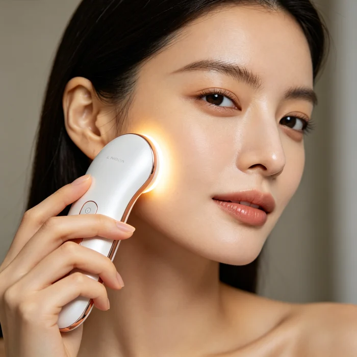 woman holding an LED face massager near her cheek