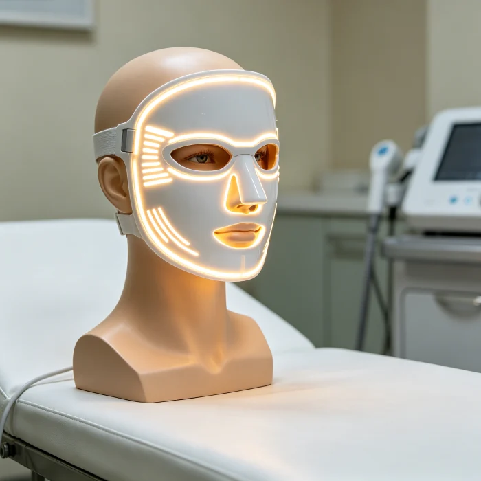 LED face mask on a mannequin head in a dermatology clinic