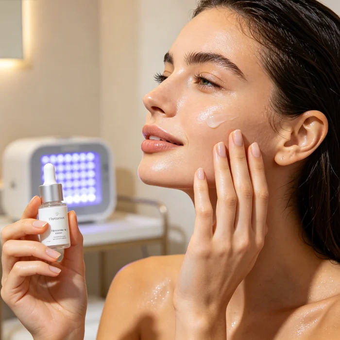 woman applying hyaluronic acid serum before LED therapy