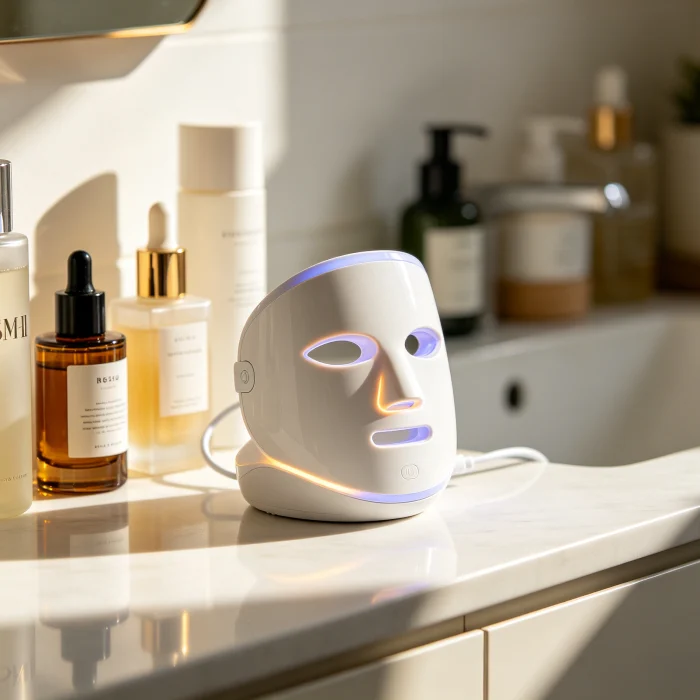 LED face massager charging on a bathroom counter with skincare bottles