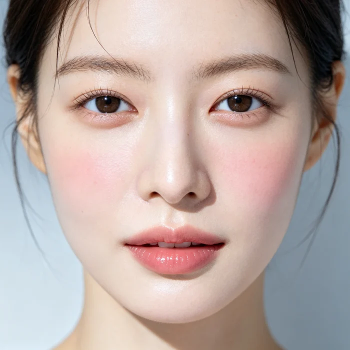 a close-up of a woman's face with smooth skin and a slight pink flush after cleansing