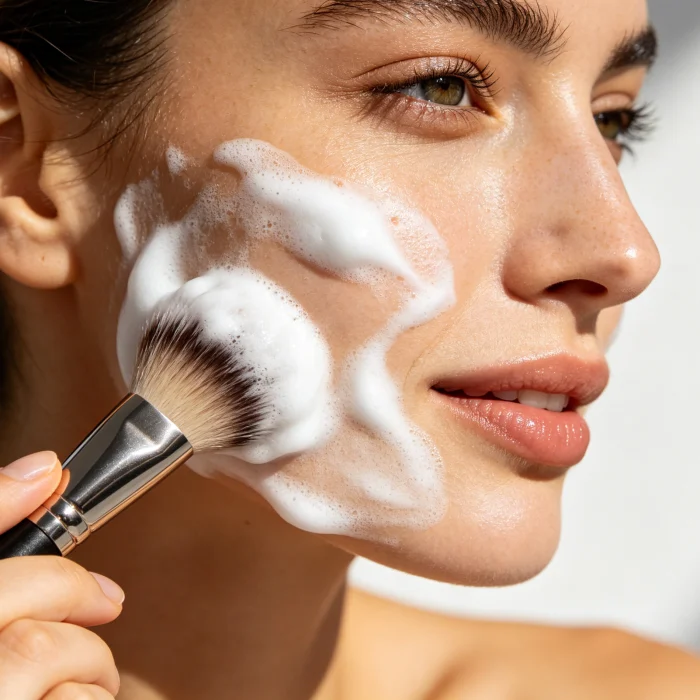a person holding a face brush with white foam on their cheek, moving it in gentle circles