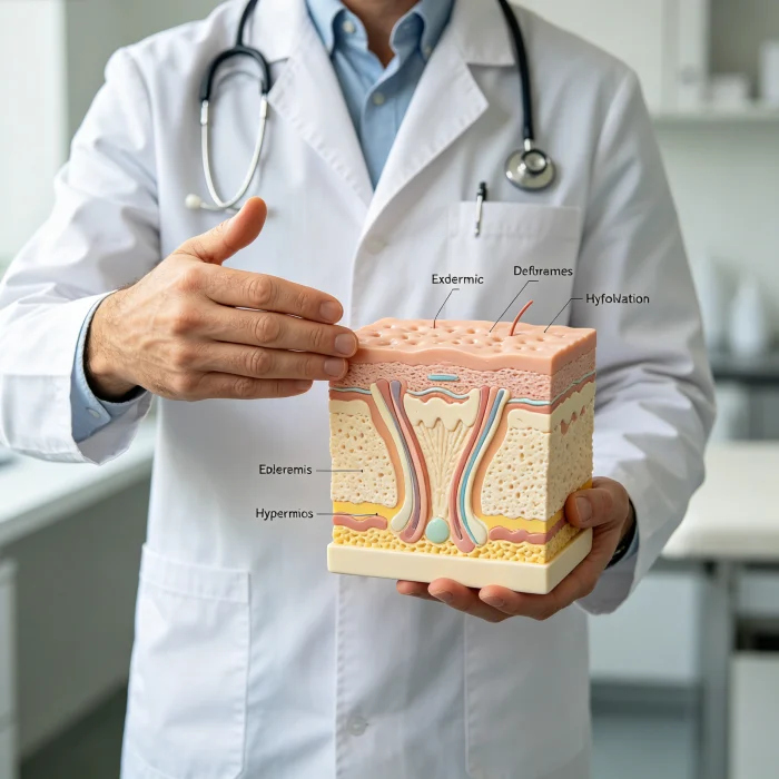 a dermatologist holding a skin model with labeled layers, explaining exfoliation