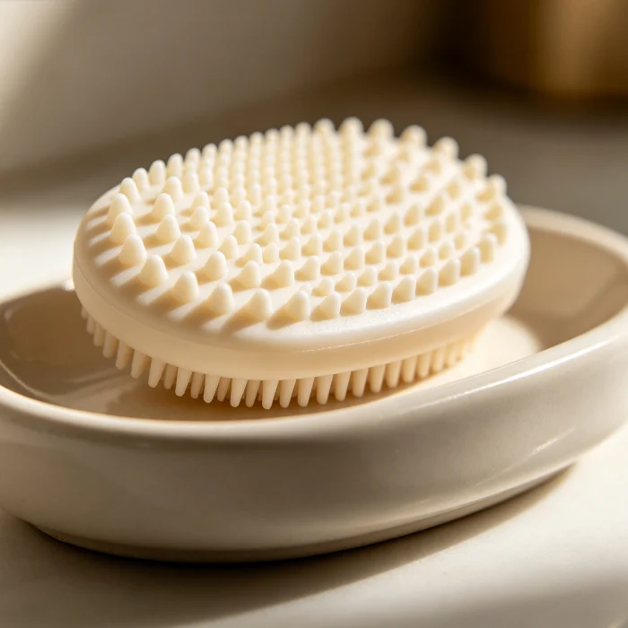a silicone facial cleansing pad with small nubs resting on a soap dish