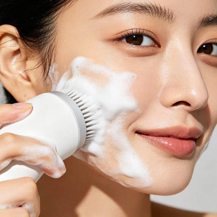 a person holding a sonic cleanser near their cheek, foam on face
