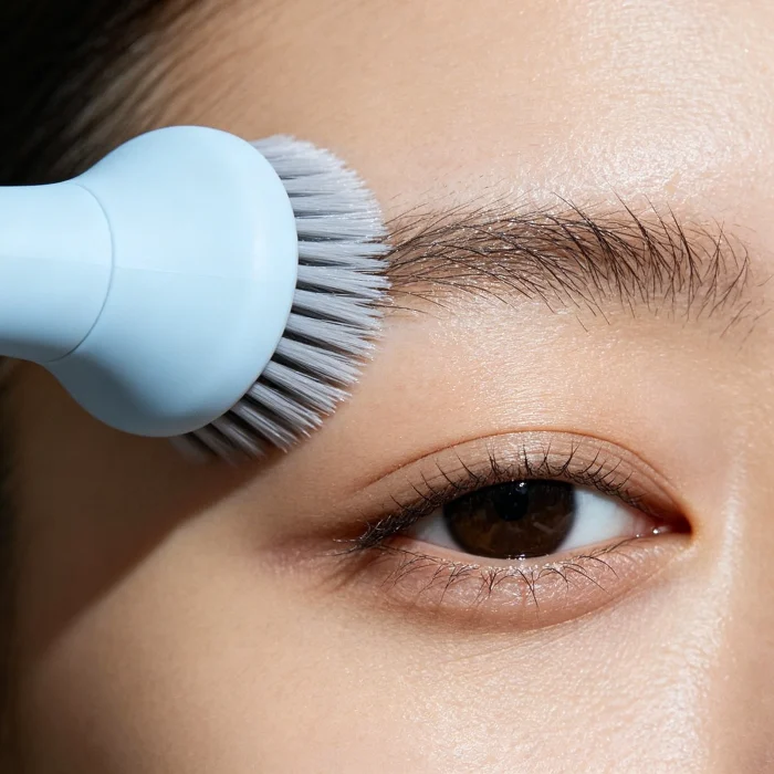 a person with clear skin gently using a sonic brush on their forehead