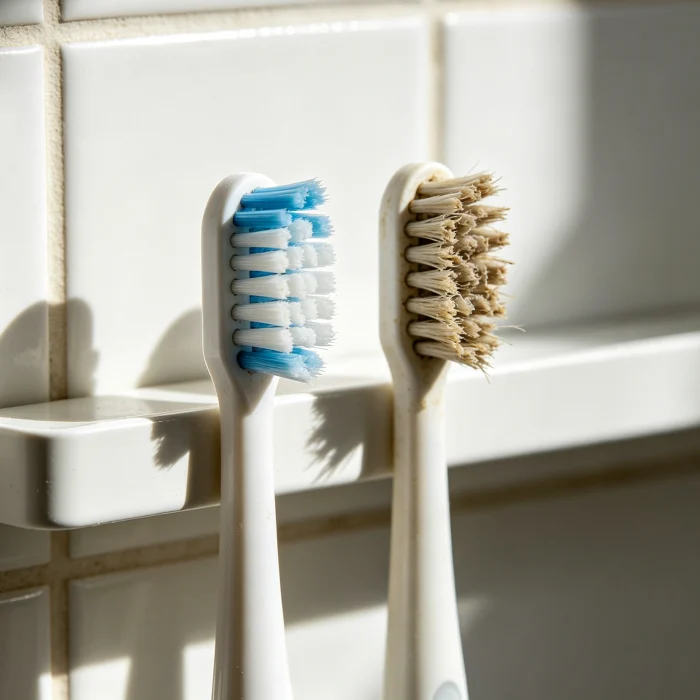 a new brush head next to an old, worn one on a bathroom shelf
