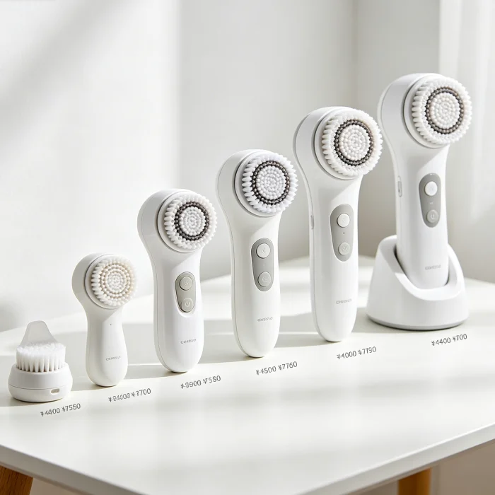 a collection of sonic cleansers from low to high price on a white table