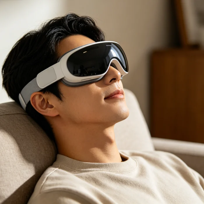 A person wearing an eye massager while sitting on a couch