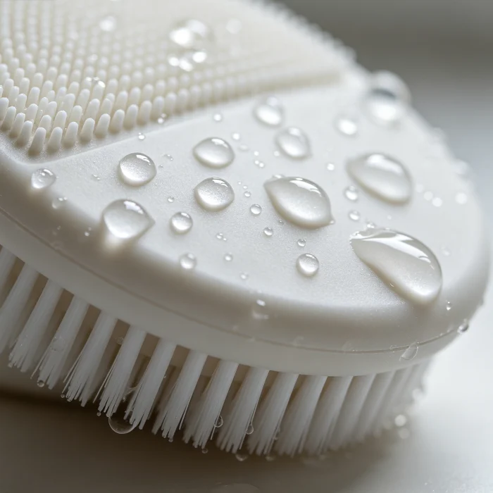 a close-up of a silicone facial cleansing brush with water droplets on its surface