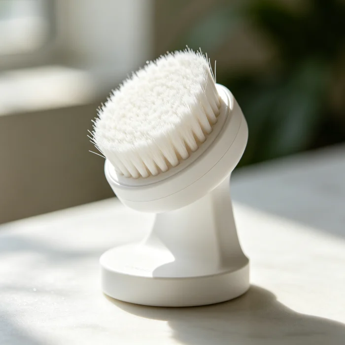 three different facial cleansing brushes lined up on a wooden shelf